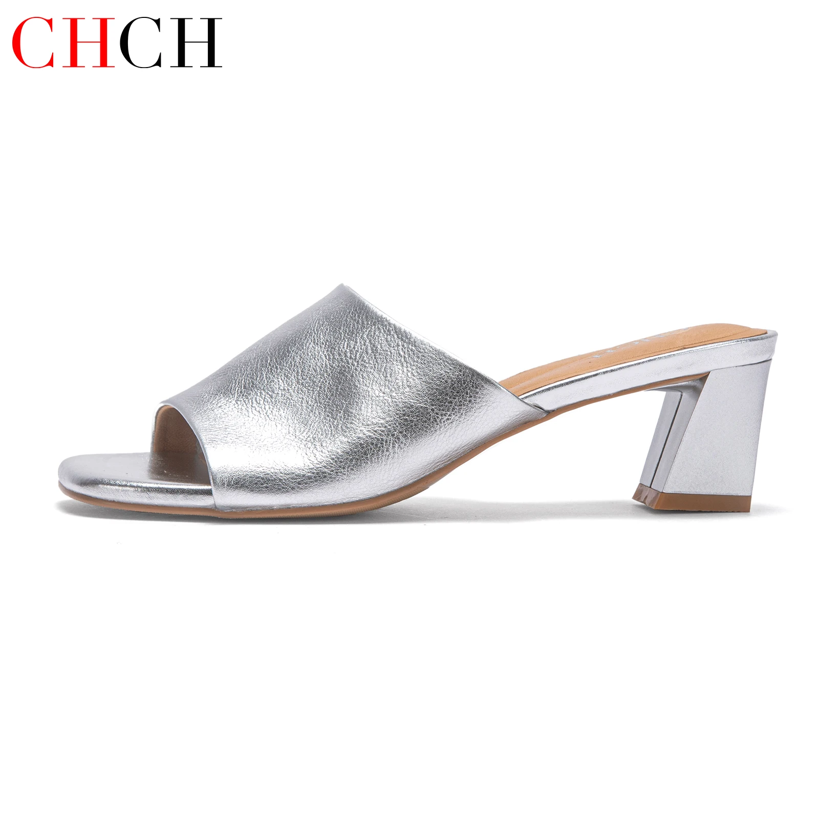 CHCH Women's Square Open toed Sandals New Silver Comfortable Cowhide High Heels for Women's Commuting