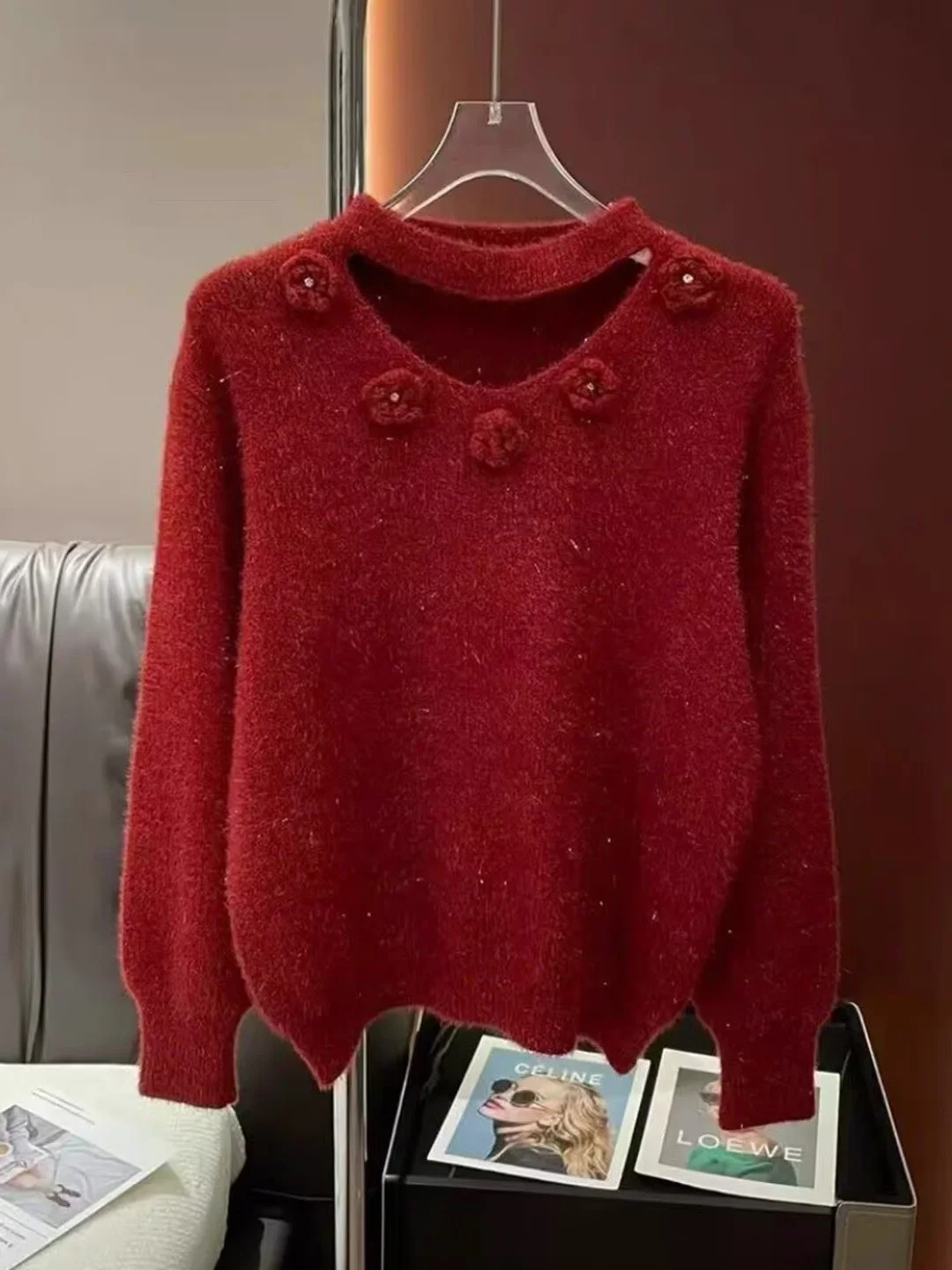 

Women's round Ne Knitted Sweater Autumn Winter New Sle Soft Wind Loose Versatile Knit Base irt Fluffy Anti-Mink 3D Flower