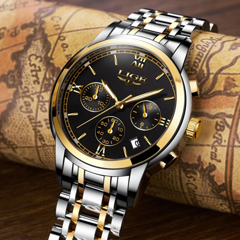 LIGE Top Brand Classic Man Watch Fashion Luxury Steel Band Casual Sports Auto Date Clock Waterproof Luminous Quartz Watches Male