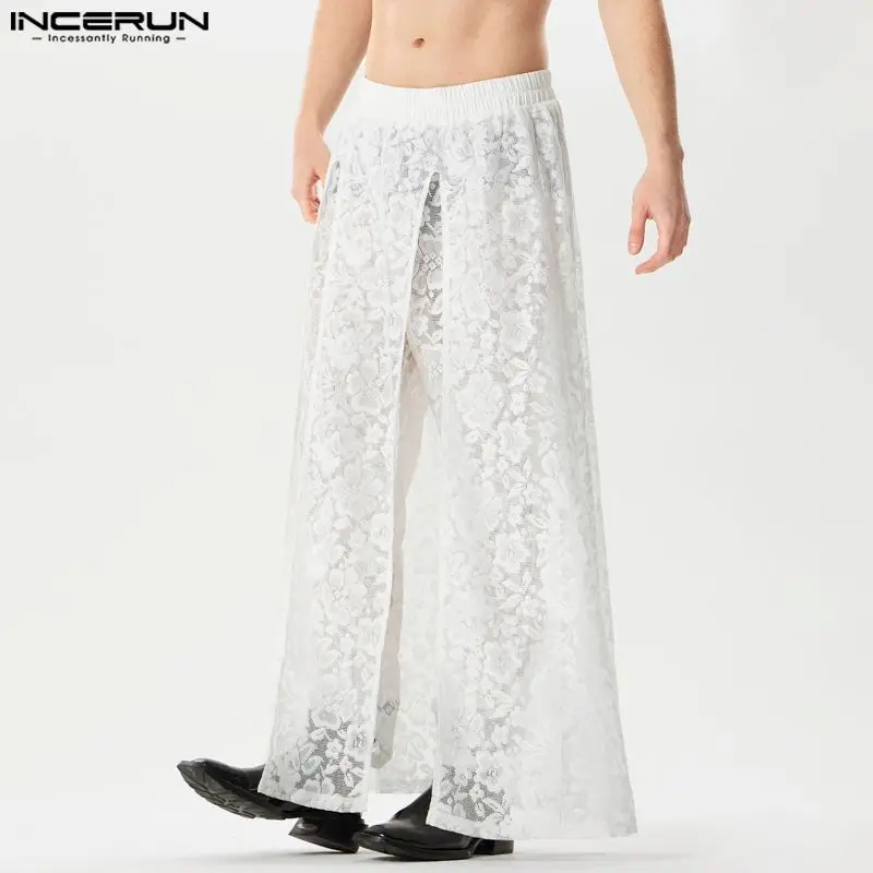 INCERUN 2024 American Style Sexy Mens Pantalons Lace Hollow Slit Design Pants Casual Party Shows Hot Selling Thin Trousers S-5XL