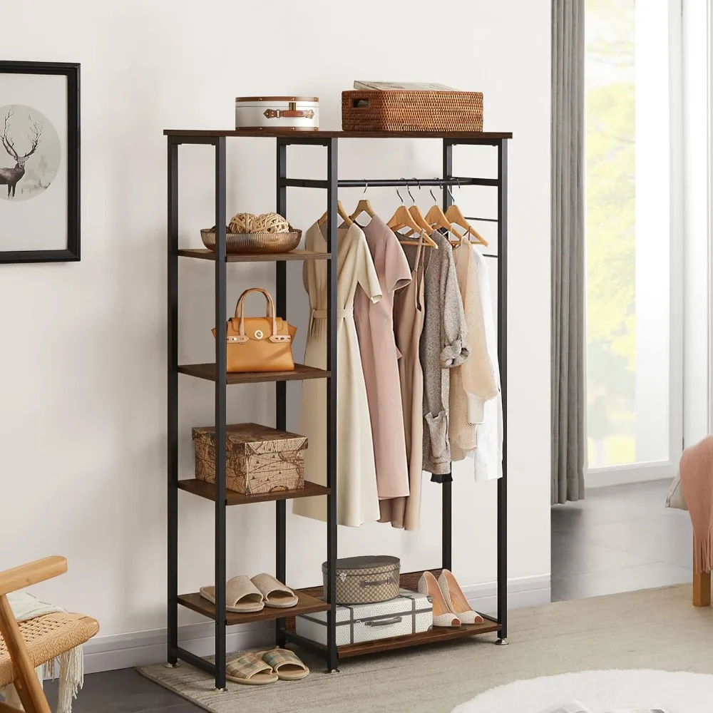 Open Garment Clothing Rack, Free-Standing Heavy Duty Storage Closet with 5 Shelves and Hanging Rod for Small Spaces