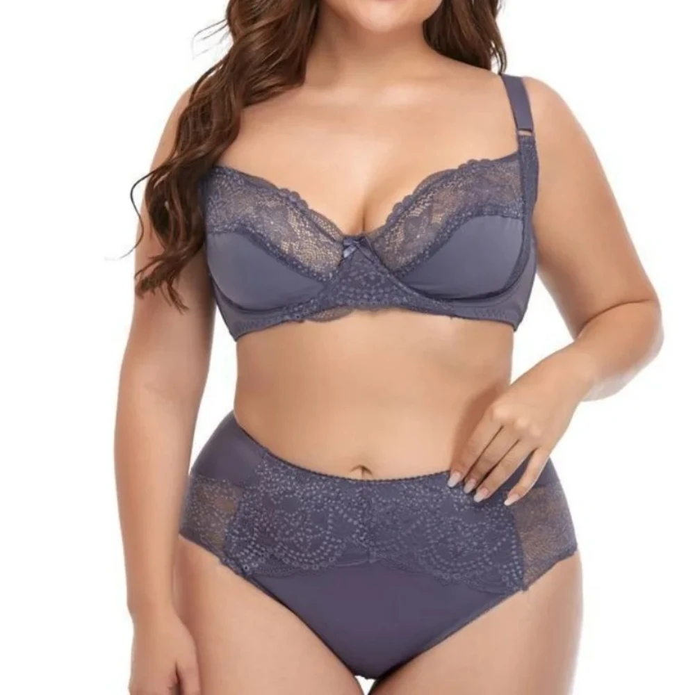 

Simple and Comfortable Plus Size Bra Set with Steel Rims Lace Edges Thin Mold Cup Bra