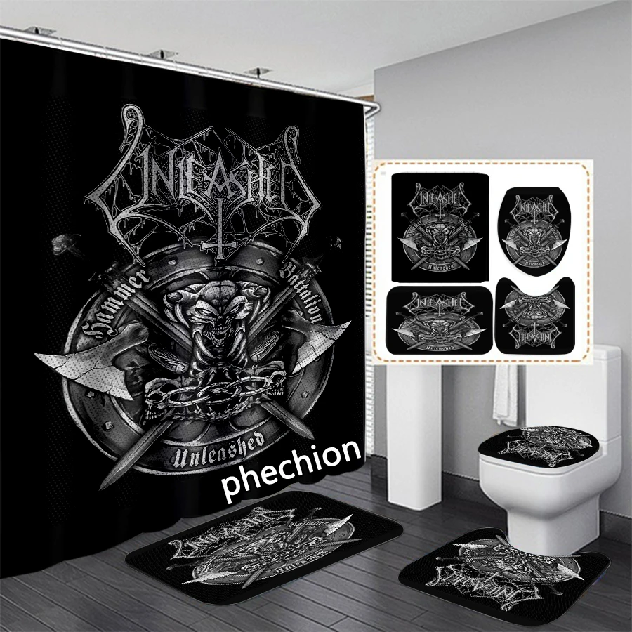 phechion Unleashed Rock 3D Print Shower Curtain Waterproof Bathroom Curtain Anti-slip Bath Mat Set Toilet Rugs VR346