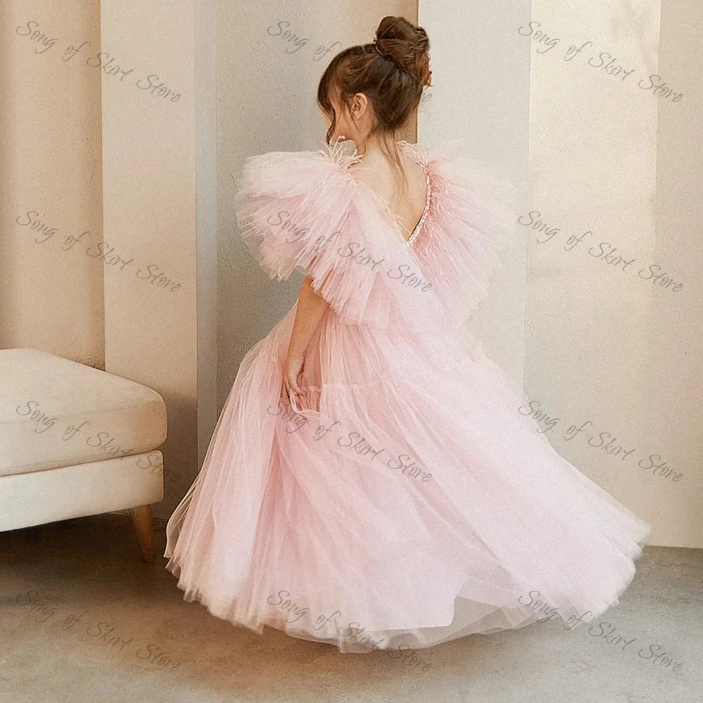 Customized CustomizedPink A-Line Flower Gril Dress Glitter Sequined O-Neck Tulle Kid Birthday Party  Lovely Floor-Length Simple 