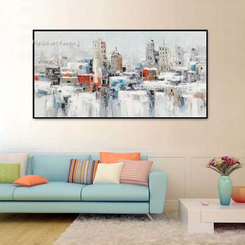 Large White And Grey City Building View Oil Painting For Living Room Decor Handmade Blue Yellow Cityscape Home Wall Art Decor