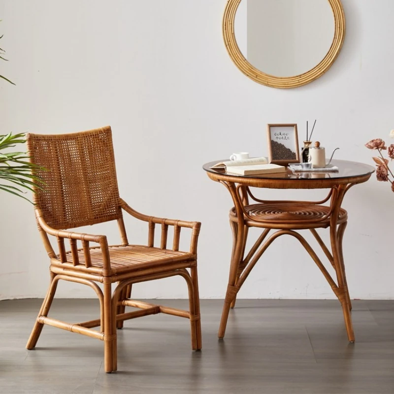 

Rattan chair household living room single table and chair combination medium antique high backrest dining chair tea room tea