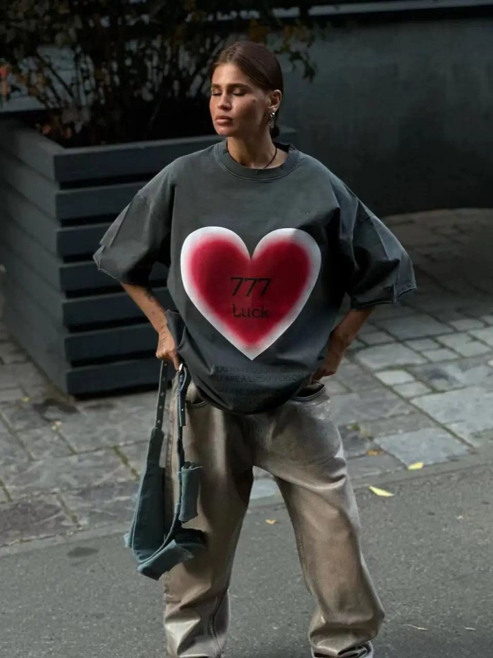 Love Printing Design Washed Retro Cotton Short Sleeves Loose Oversized T Shirt Women Clothes