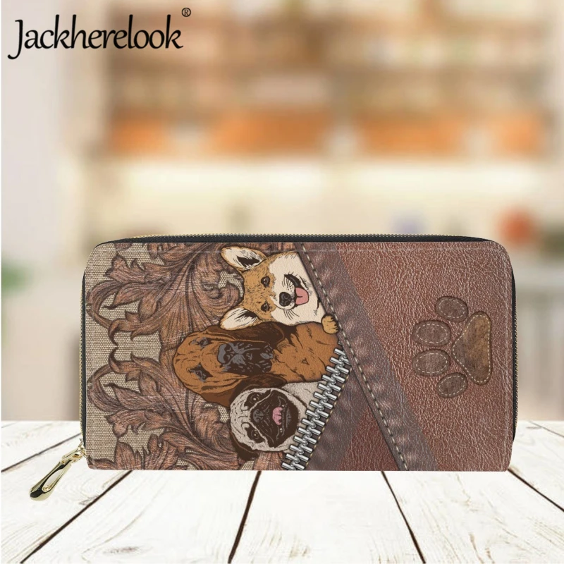 Jackherelook Leather Wallet Fashion Women Trendy Cute Dog Print Corgi Pattern Long Purse Card Holder Girl Clutch Daily Money Bag
