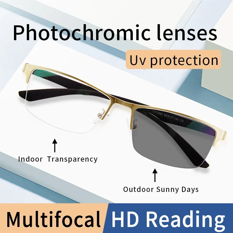 Large Oversized Photochromic Progressive Reading Glasses Multifocus Hard & Multi-Coated Resin Lens,Wide Large Frame Readers