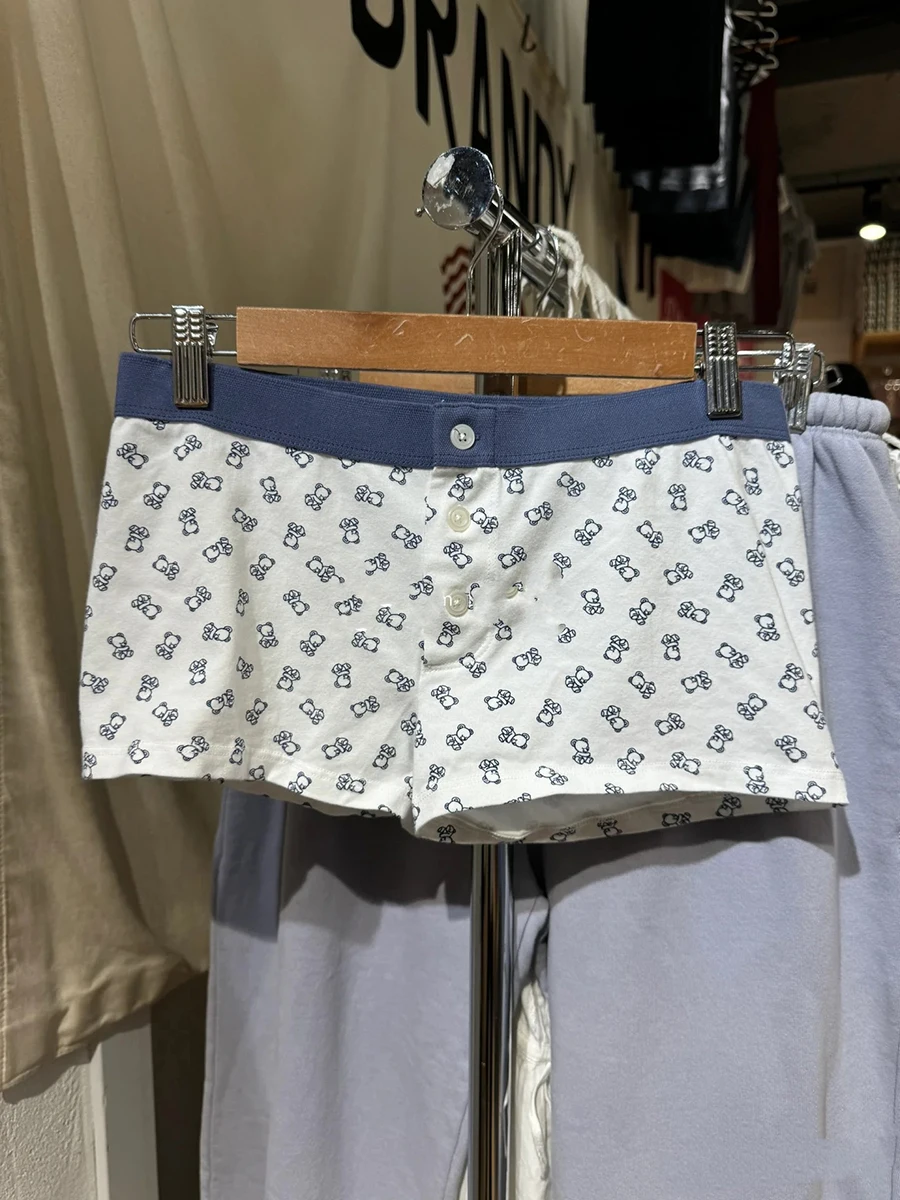 

Summer Blue Little Bear Print Shorts Women Three Buttons Elastic Slim Legging Shorts Home Cozy Sweet Y2k Short Pants Underwear