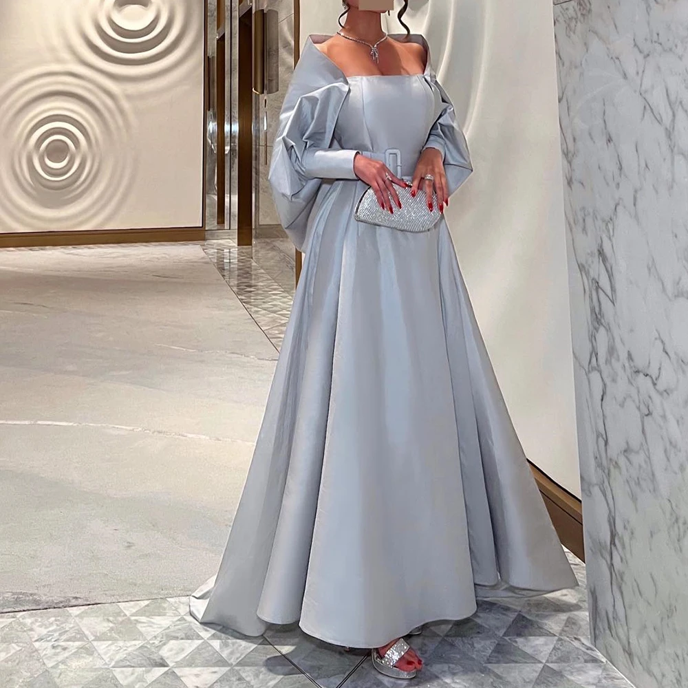 Wysokiej jakości szal z paskiem satynowe suknie wieczorowe Temperament linia A długość podłogi kwadratowy dekolt długie rękawy Vestidos De Fiesta