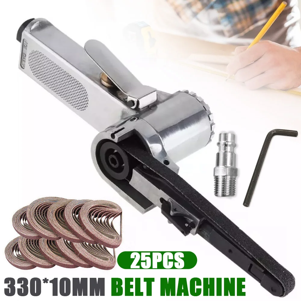 Bandschleifer mit 25 Schleifbändern, Einstellbare Geschwindigkeit, Ergonomischer Griff, Ideal für Metallpolitur, Inklusive Schraubenschlüssel und Zubehör.