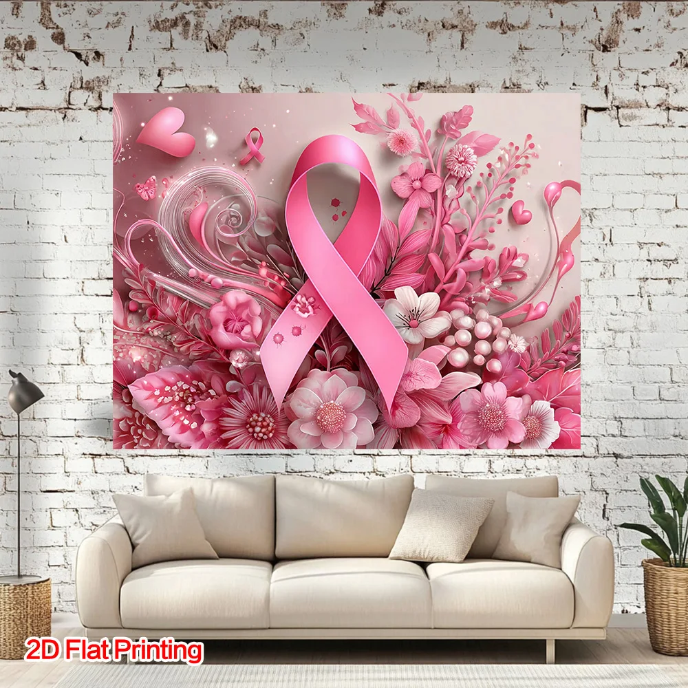 Pink Ribbon Breast Cancer Awareness Flowers 2D Flat Tapestry Backdrop For Charity Event Room Decor Support Wall Hanging Art