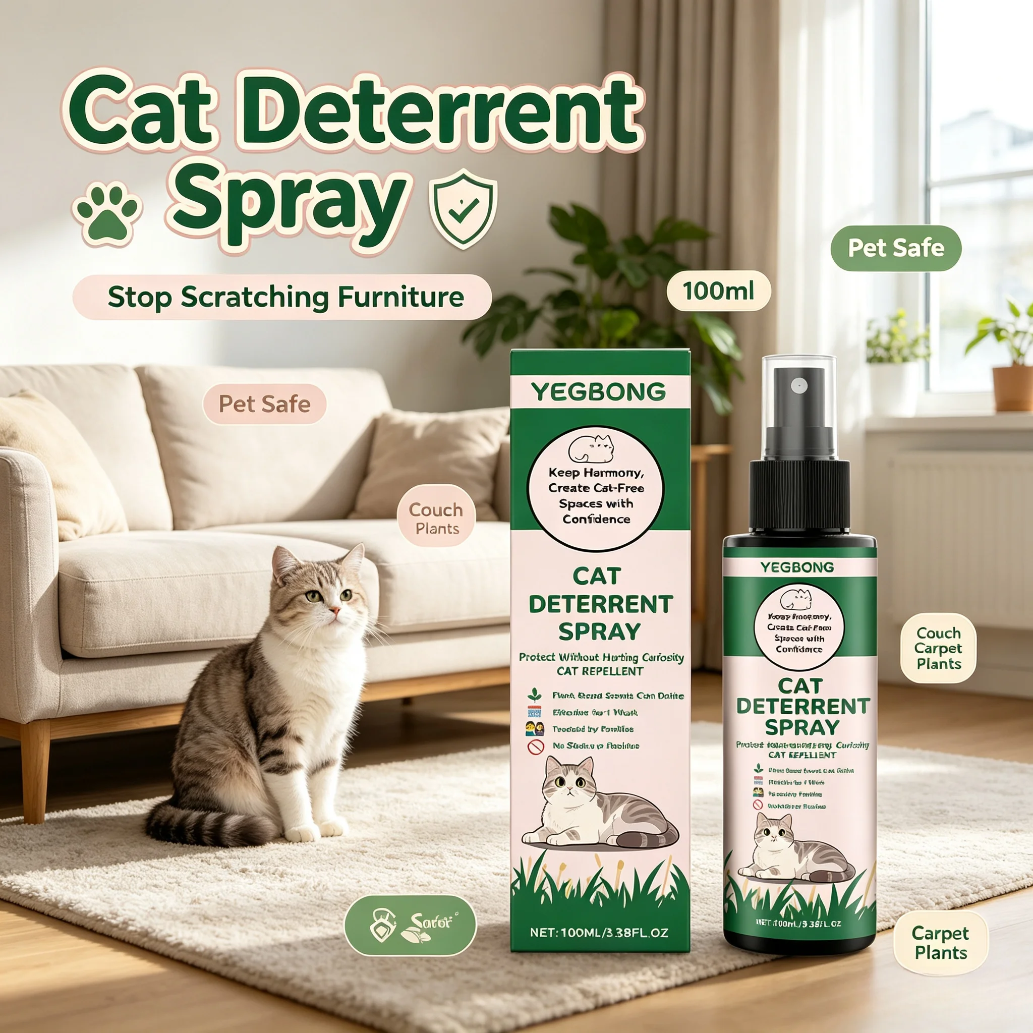 Cat Deterrent Spray Pet Safe Anti‑Scratch Training Aid No Chemical Residue for Furniture Couch Carpet Plants Cat Repellent Spray