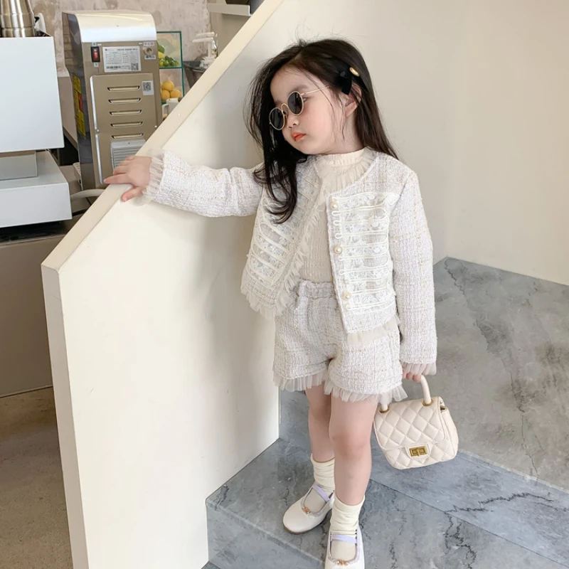 Children Clothes Sets Korea 2022 Spring Autumn Girls Lace Coat and Short Pants Sweet Princess Full Solid Baby Girl Clothes Set