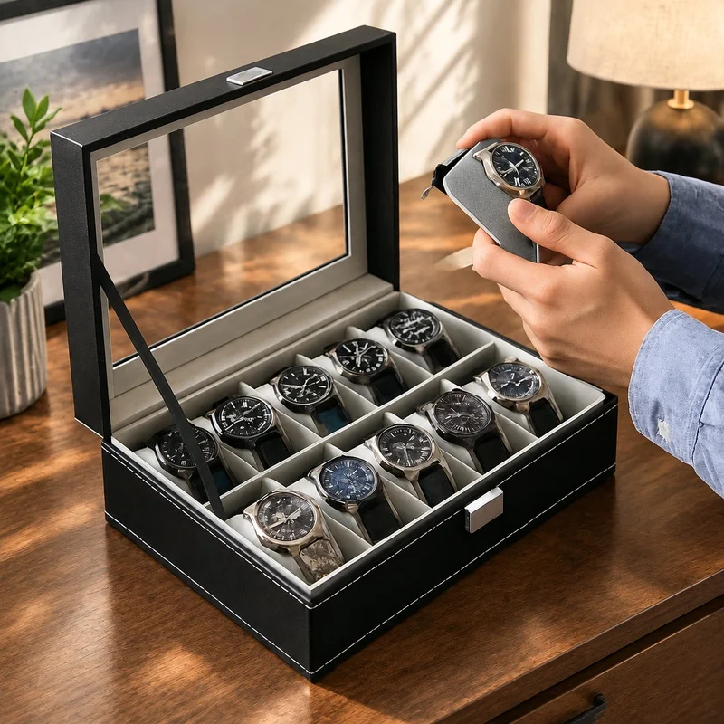PU Leather Watch and Jewelry Organizer Box with Glass Lid, Multi-Compartment Storage for Men (2-12 Slots)