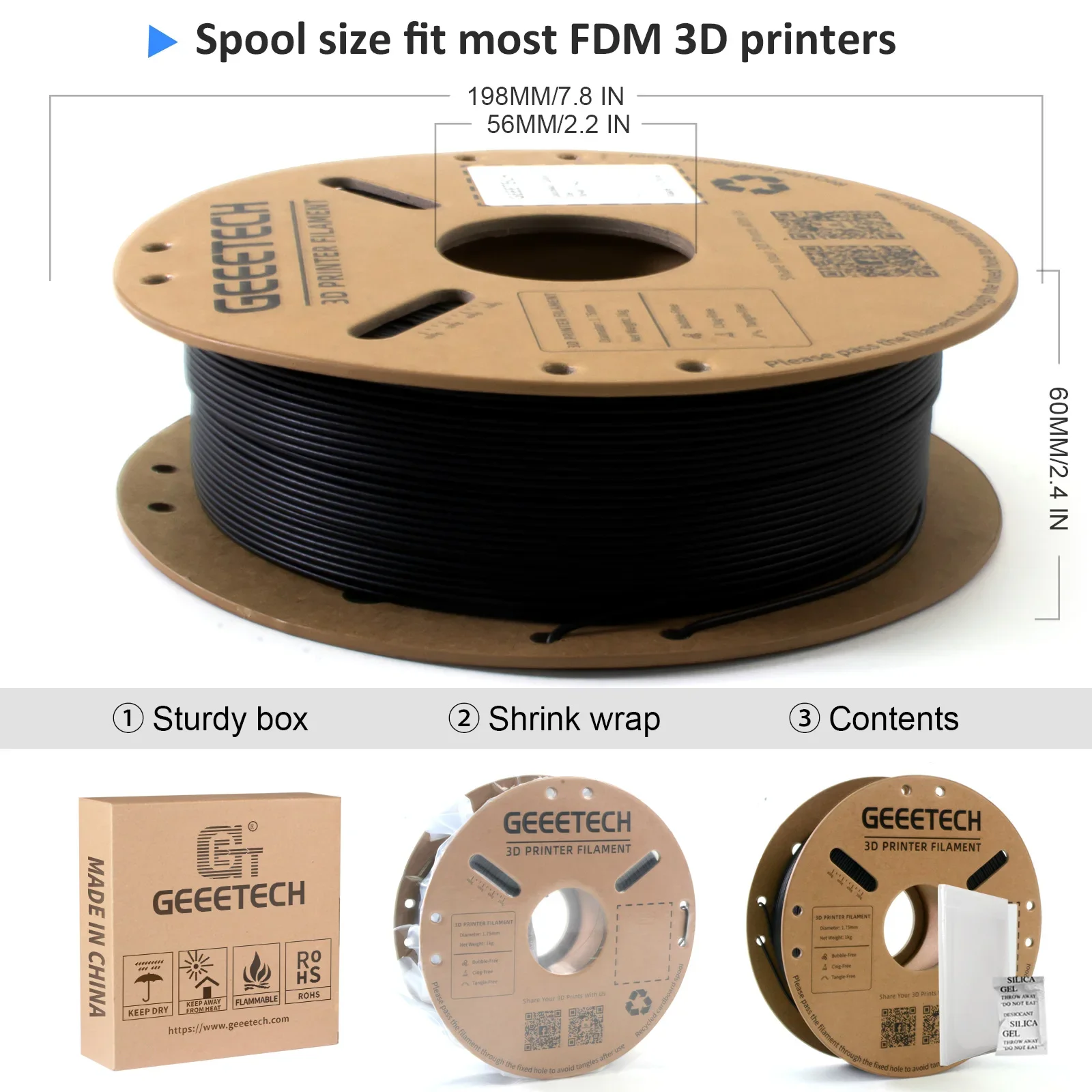 Filamento de fibra de carbono Geeetech PLA-CF 1,75mm filamento de impresora 3D 1KG 2,2 libras carrete filamento de impresión 3D para impresoras 3D