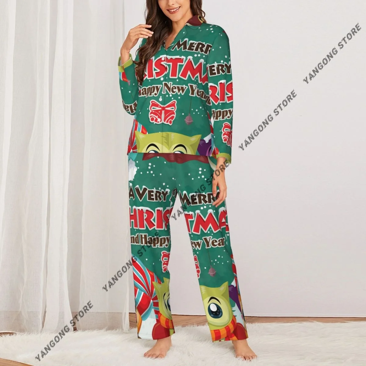 Women's Pajamas Long-sleeved Girl Loungewear Two-piece Set Vintage Christmas Poster Design With Owls Pajamas for Autumn Spring