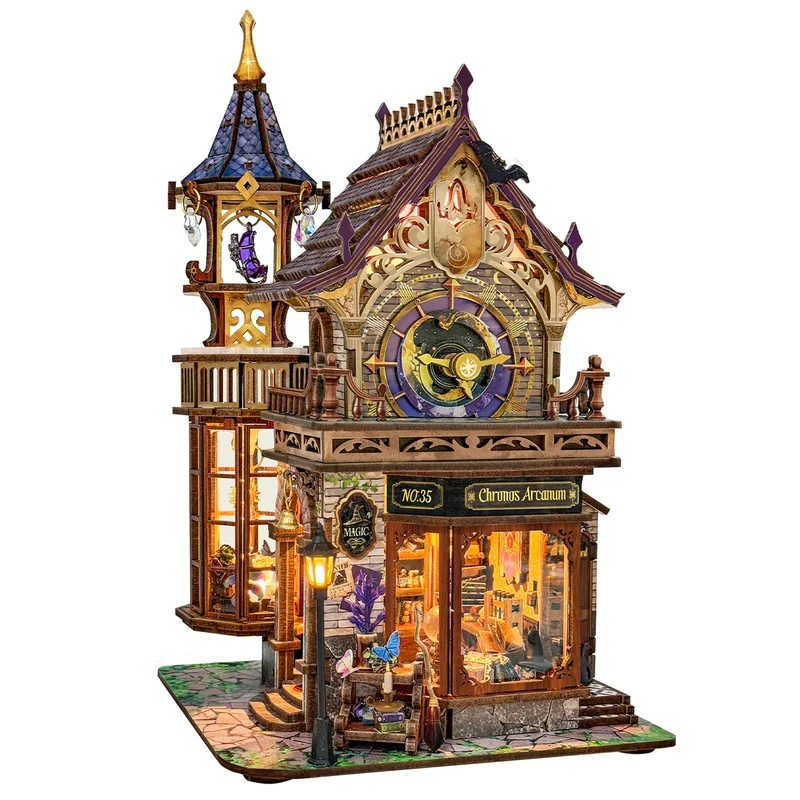

OUZEY Wooden Time Magic Club Cottage Doll Houses Miniature Model Kits 3D Puzzle with Lights for Friends Birthday Gifts
