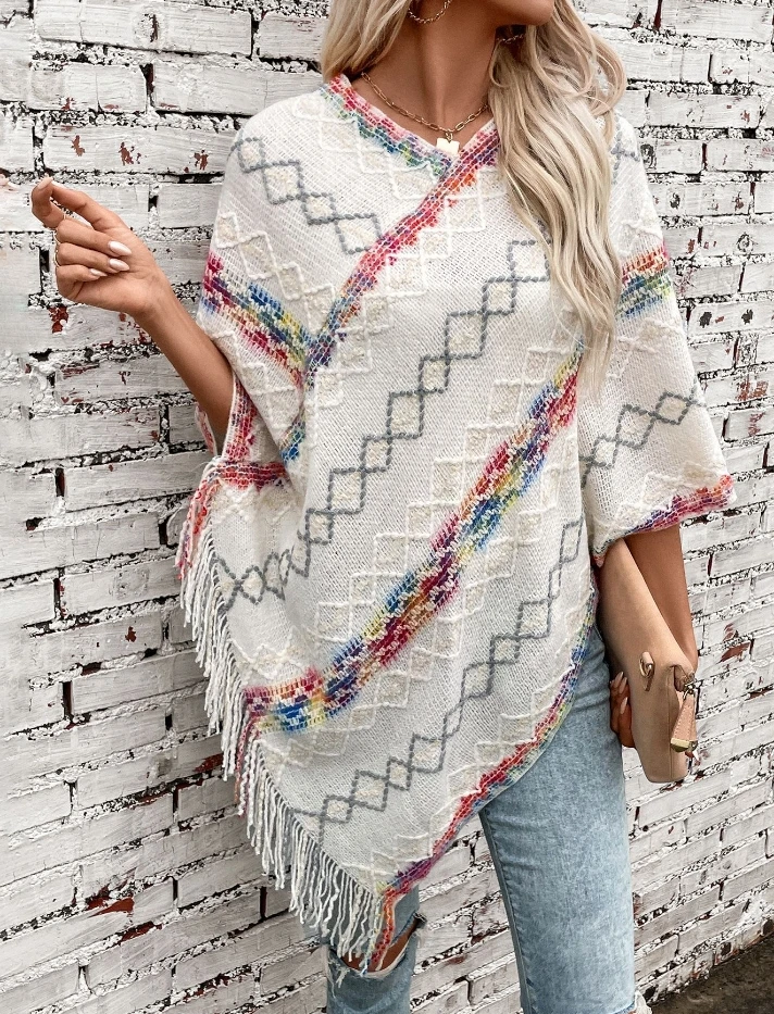 Women's Cardigan 2024 Autumn Winter Latest Ethnic Style Colorful Striped Knitted Fringe Cape Shawl Sweater V-Shaped Collar Top