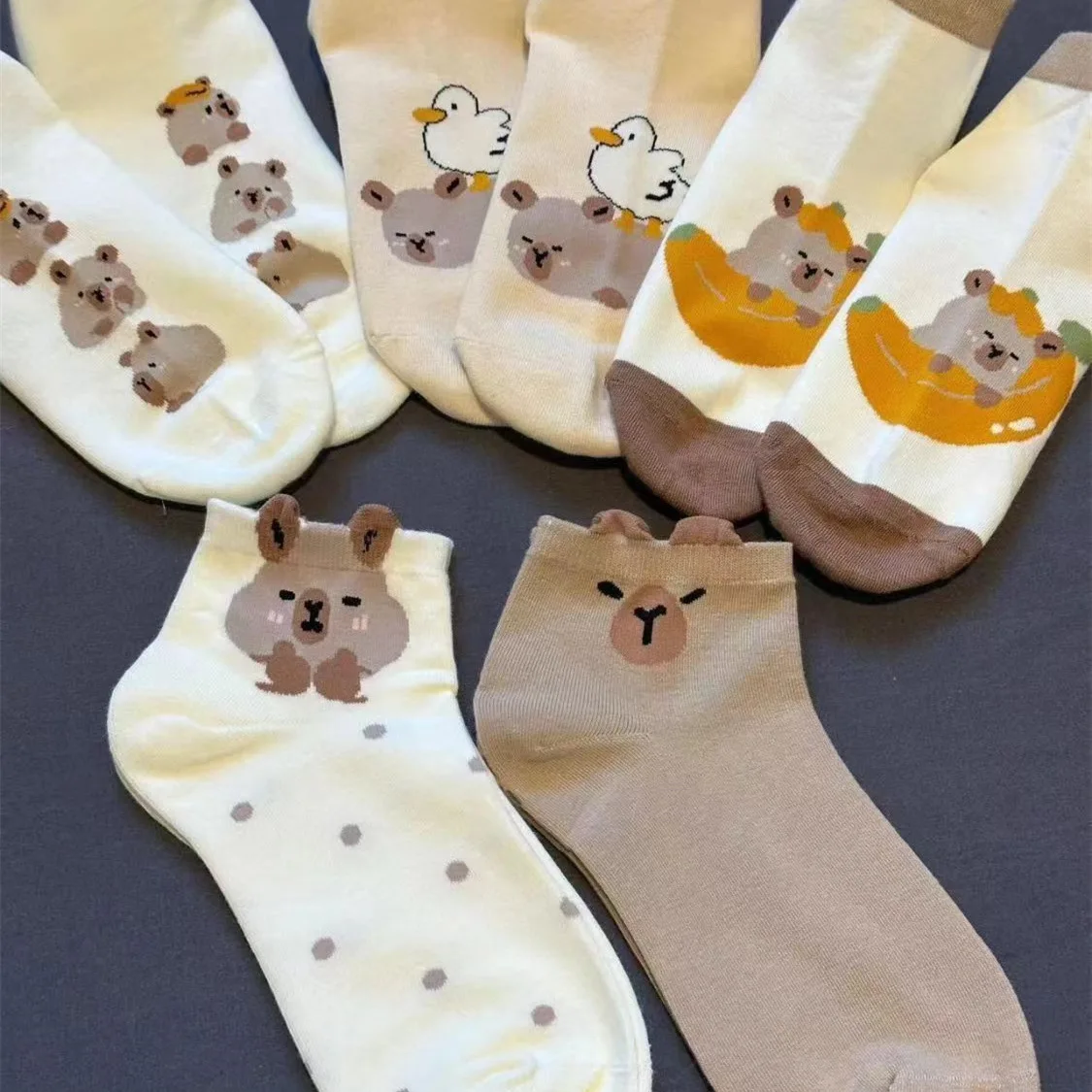 

5 Pairs Bear Socks Cotton Capybara Socks Breathable Soft Japanese Casual Socks Summer Thin Coffee Cartoon Mid-tube Socks Women