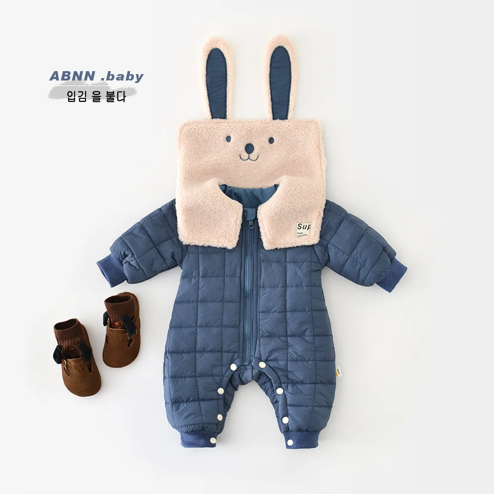 Winter 2024 Ins Infant Girls Jumpsuit Cotton Quilted Rabbit Lapel Thickened Warm Baby Girls Rompers Newborn Girls Bodysuit