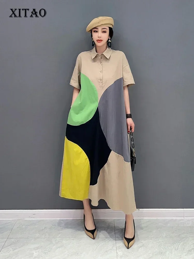 

XITAO Contrast Color Print Shirt Dress Simplicity Fashion Loose Short Sleeve Turn-down Collar Dress 2025 Summer New ZY8451