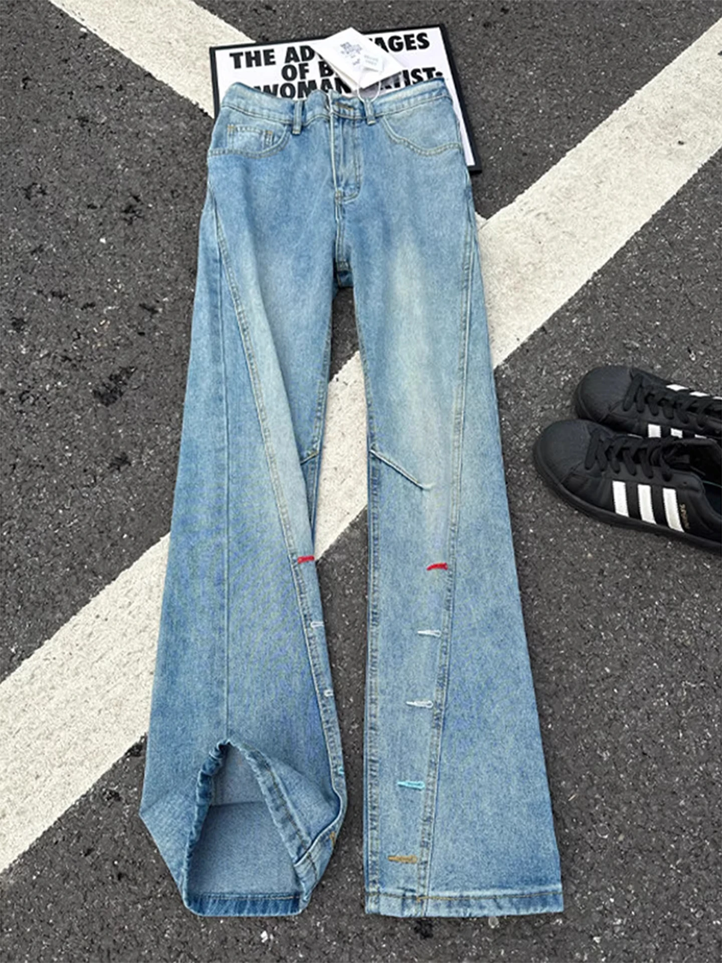 

Синие мужские джинсы с вышивкой Blue Waed, весенние, американского кроя, со складками, слегка расклешенные, Cleanfit, рабочие, прямые, зауженные