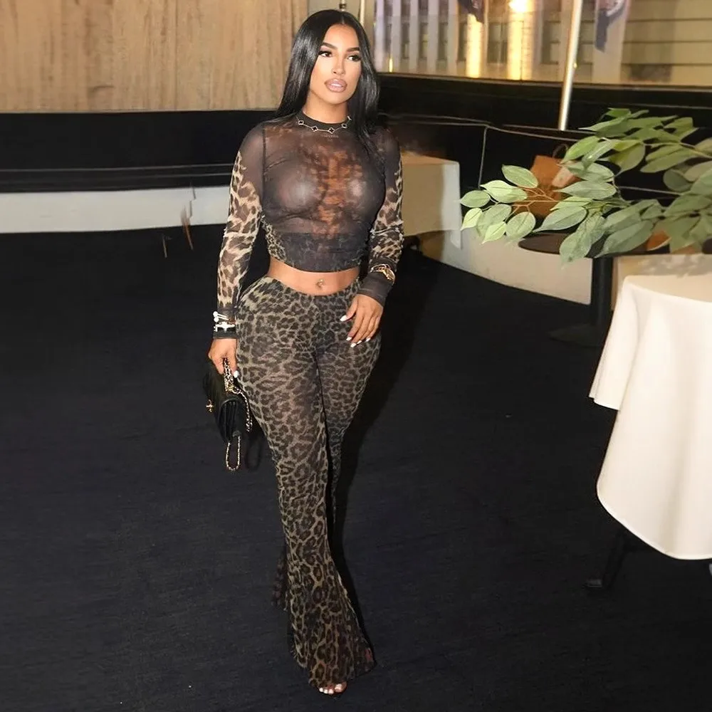 

2026 Printed 2 Pieces Set For Woman New In Matching Sets Two Piece Outfit Hot Girl Style Sexy Bodycon Leopard Print Long Sleeves