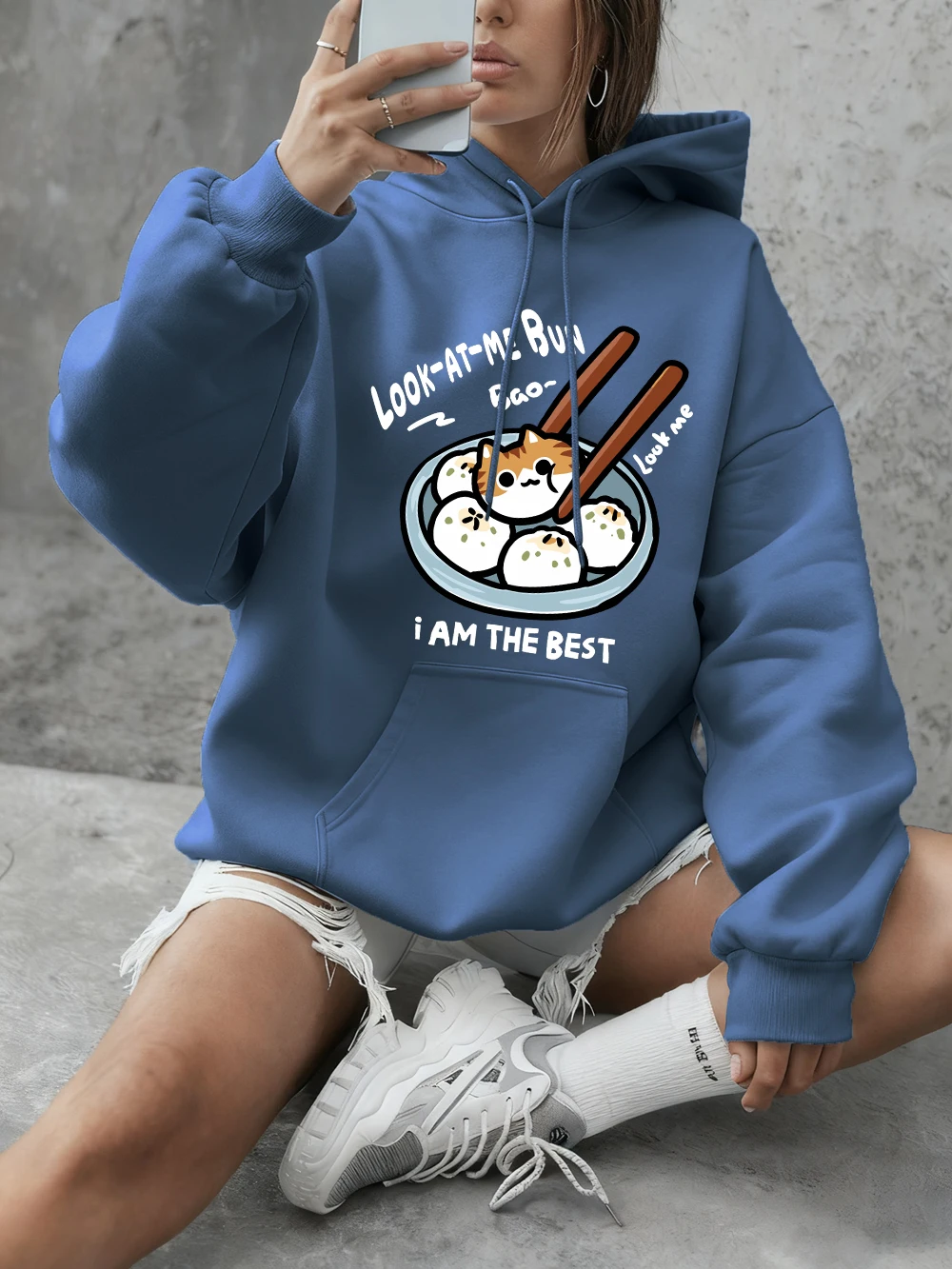 เสื้อฮู้ดลายแมวบันแคทสำหรับผู้หญิง สไตล์ลำลอง ทรงหลวม เสื้อกันหนาวผ้าฟลีซ อุ่นสบาย เสื้อผ้าพื้นฐาน คอกลม เนื้อผ้านุ่ม สตรีทแวร์