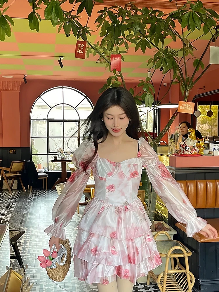 Summer Floral Sweet Elegant Dress Women Chiffon Print France Vintage Mini Dress Female Puff Sleeve Casual Fairy Dress 2023 New