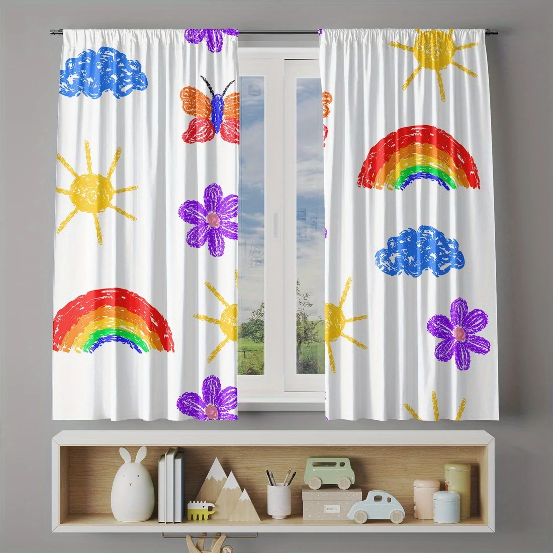 

2pcs Rainbow Clouds & Butterflies Print Thermal Insulating Blackout Curtains - 100% Polyester Machine Washable, Contemporary