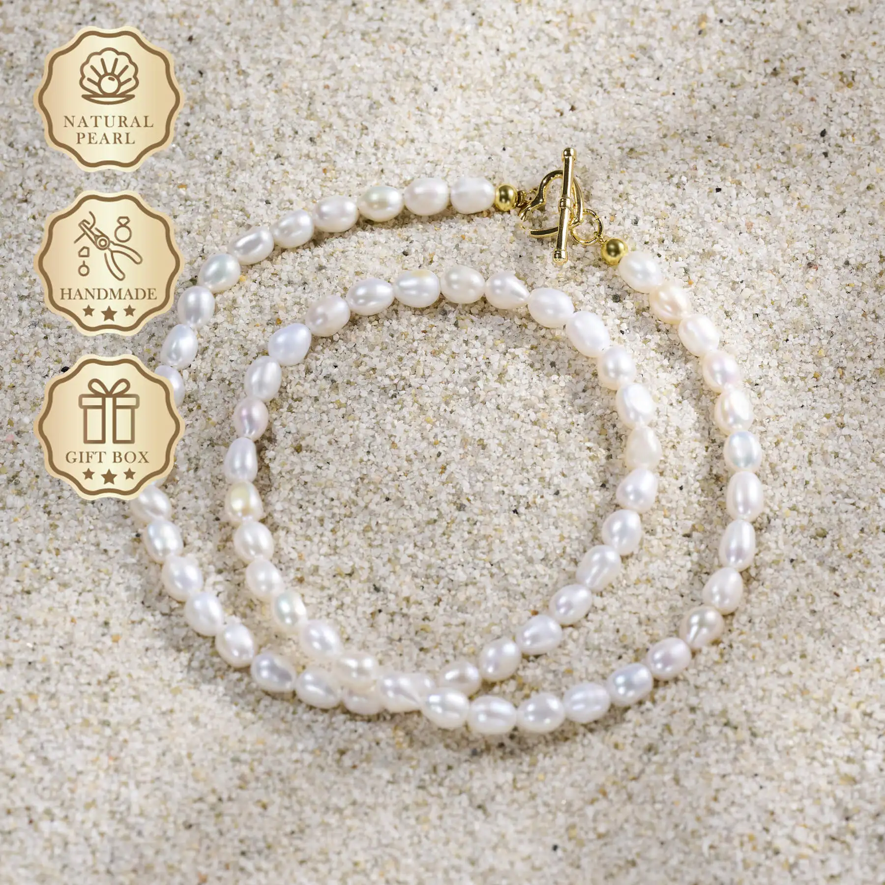 

MYSOYA White Rice Freshwater Pearl Necklace 5–6mm with Gold Heart Clasp, Gift Box, Ideal Birthday & Anniversary Gift