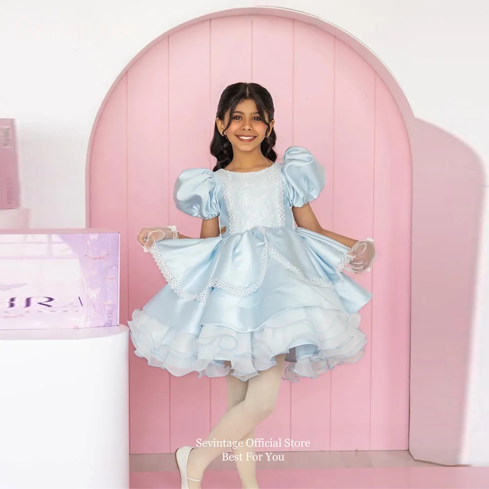 

Синие платья для девочек Sevintage Princess с цветочным узором, пышными рукавами, А-силуэта, для дня рождения, многоярусные, на заказ