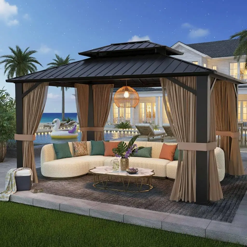 

10x12ft Hardtop Gazebo, Metal Pavilion with Mesh Mosquito Netting & Curtains, All-Weather Outdoor Pergola for, Customized