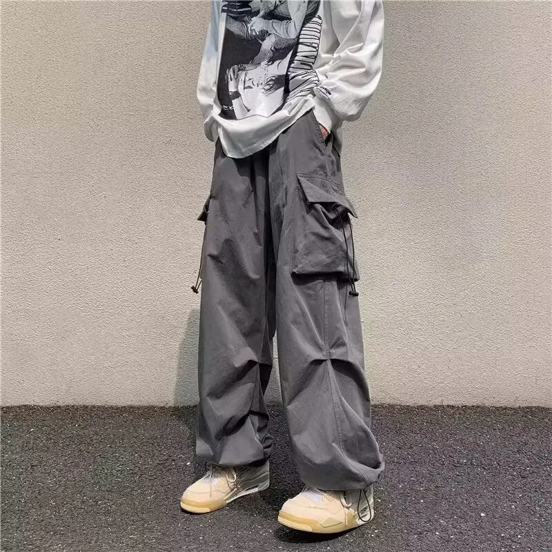 Men\'s Parachute-Style Hip-hop Street Overalls Oversized Pocket Trousers Harajuku Loose Solid Color Casual Pants Y2K Legged Pants