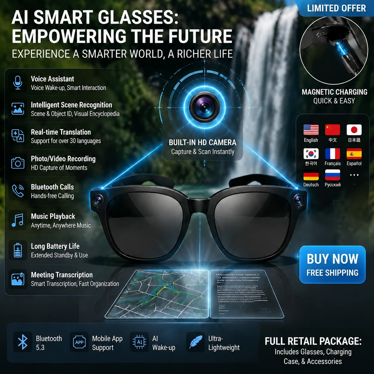 AI Smart Wireless Glasses Bluetooth Sunglasses Remote 4K Control Touch Photo Camera Recording Voice Assistant Translator