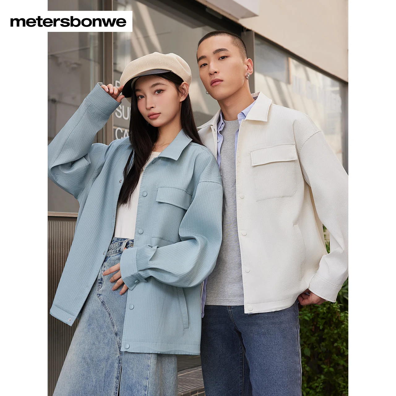 Metersbonwe-Men Women's Lapel Shirt Drop Shoulder Jacket Solid Color Fashion Adjustment Hem All Match Coat  Spring Autumn