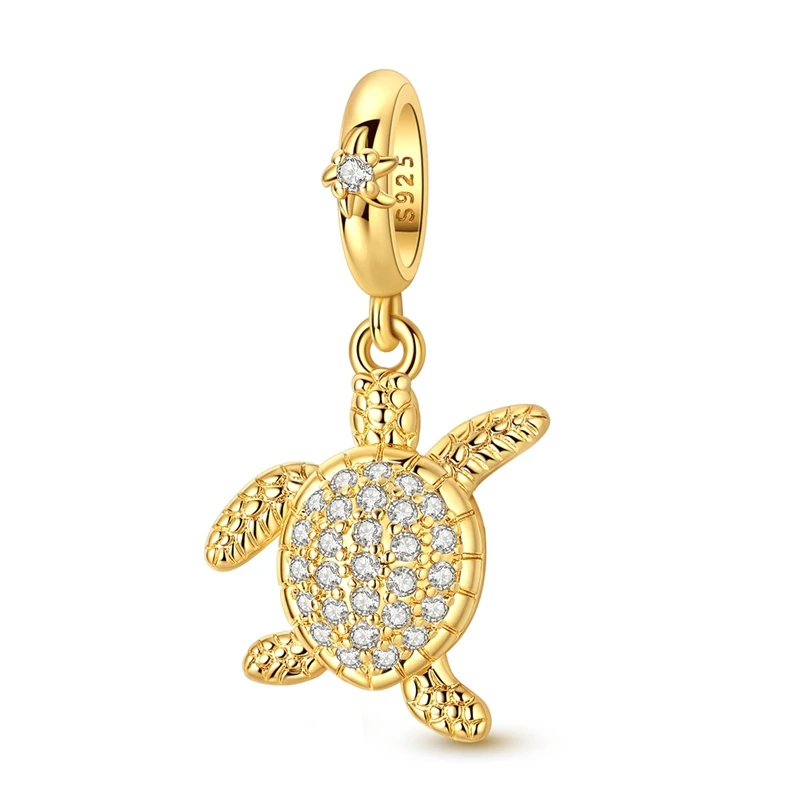 925 Sterling Silver Golden Active Sea Turtle Charms Pendant For Women Fit Original Bracelet DIY Birthday Party Jewelry Gifts