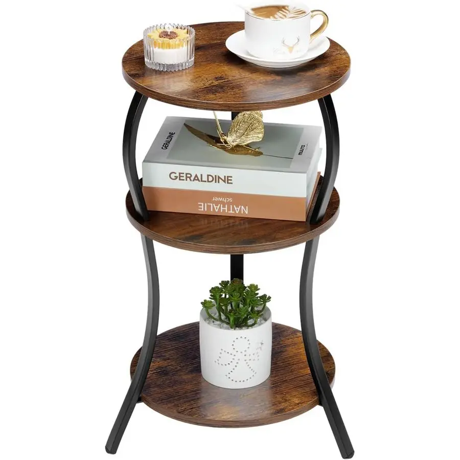 Small Round Side Table, 3Tier Slim Waist Circular End Table with Storage Shelf, Compact Tea Sofa Table, Round Corner Coffee Tab