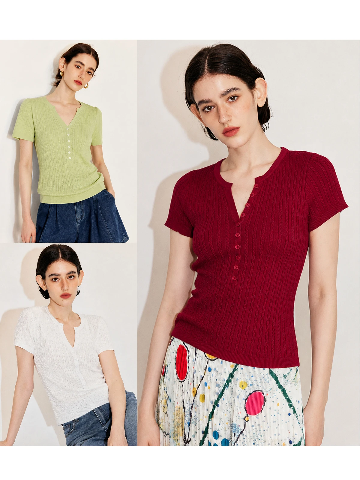 Eco-Friendly Knitted Crop Top with Twist Design Half Open Front Henry Collar Short Sleeve Slim Fit T-Shirt for Women