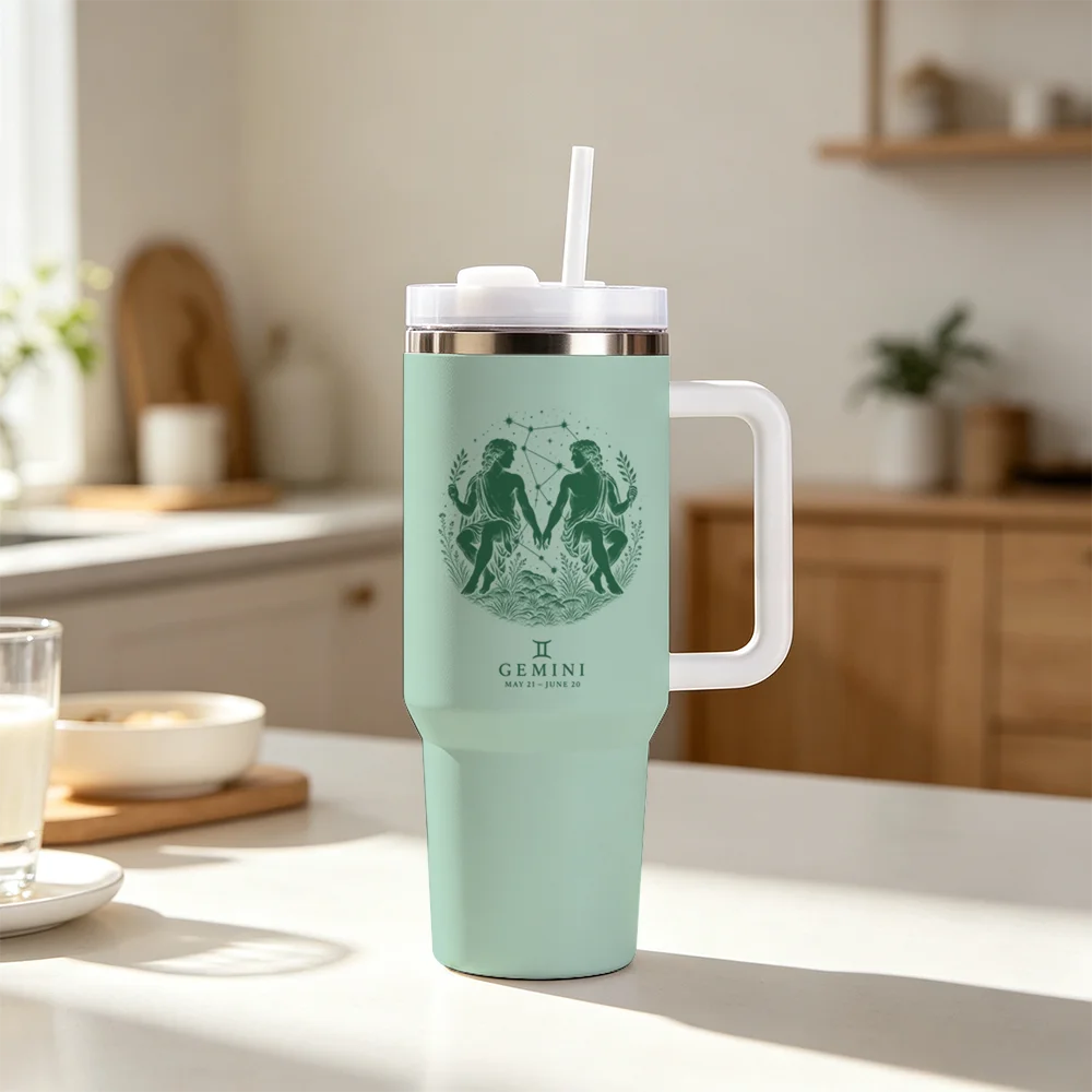 Gemini Zodiac Sign Print Vacuum Flasks 40oz 1200ML Insulated Tumbler With Handle & Straw Double Wall Thermal Travel Coffee Mug R