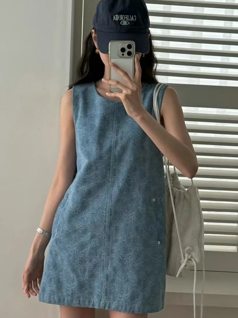 

Summer New Sle Loose Denim Vest Dr Women's Retro Color Blo Embroidery Skirt Korean Japanese Sle ort Skirts