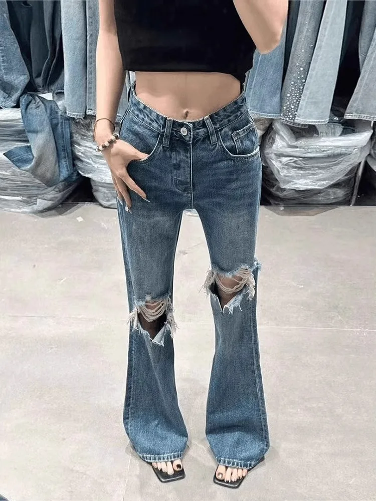 아메리칸 슬레 레트로 홀 데님 진 여성 플러스 사이즈 하이웨이스트 엘라스틱 슬리밍 마이크로 플레어 팬츠 캐주얼웨어 여름용