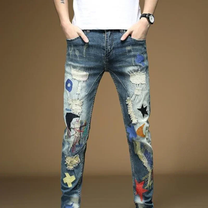 Male Cowboy Pants Torn Star Trousers with Holes Jeans for Men Broken Embroidery Ripped Cropped Korean Fashion Washed Casual Soft