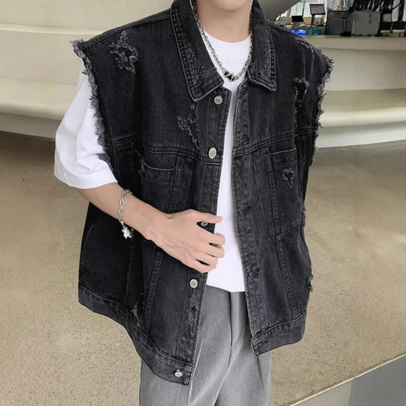

American Style Distressed Vest Men Summer Trendy Sleeveless Vest With Frayed Collar Workwear