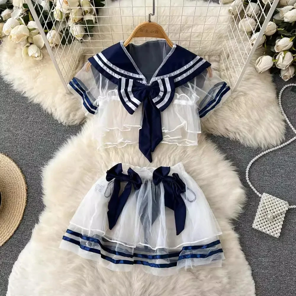 See Through White Lace Skirt Sets Japan Sailor Collar Short Sleeve Crop Top Pleated Mini Skirt Set Hotsweet Cosplay Erotic Wear