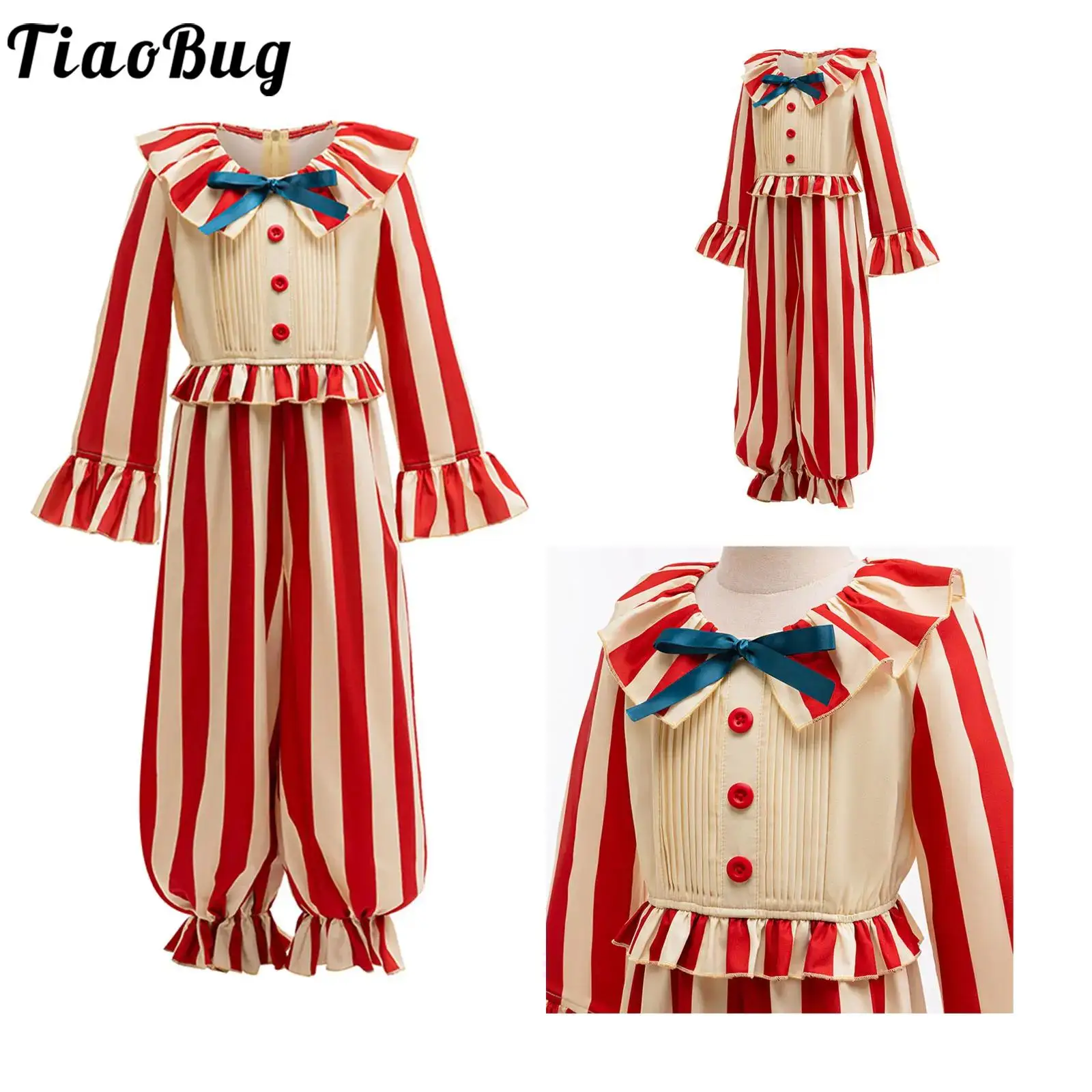 

Kids Boys Girls Clown Role Play Costume for Halloween Clown Theme Party Dress Up Bow Tie Long Sleeve Strips Print Jumpsuit