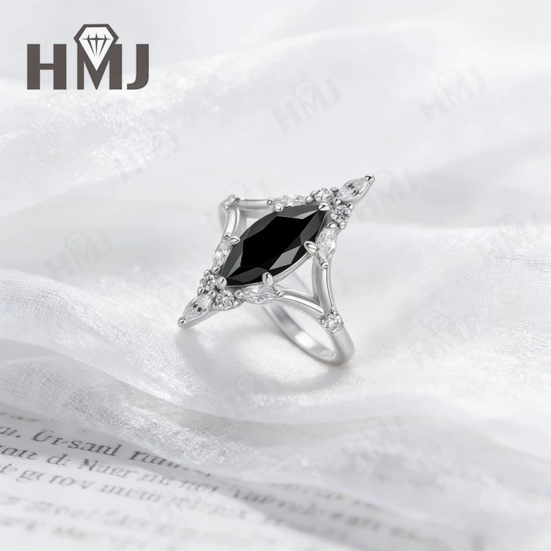 925 Sterling Silber Moissanit Halo-Ring - Marquise-Schliff D-Farbe/Schwarz/Champagner Feiner Schmuck Muttertags-Schmuckgeschenk für Sie – Detail 9