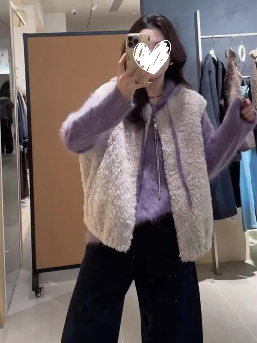 

Autumn Winter Plush Vest Outerwear Knitted Long Sleeve Women Loose Atmosphere Set Hat Included Casual Style Two-Piece Suit